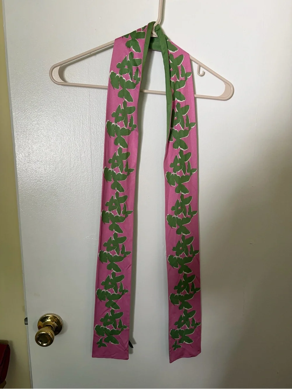 Pink and Green Butterfly Print Long Skinny Silk Scarf